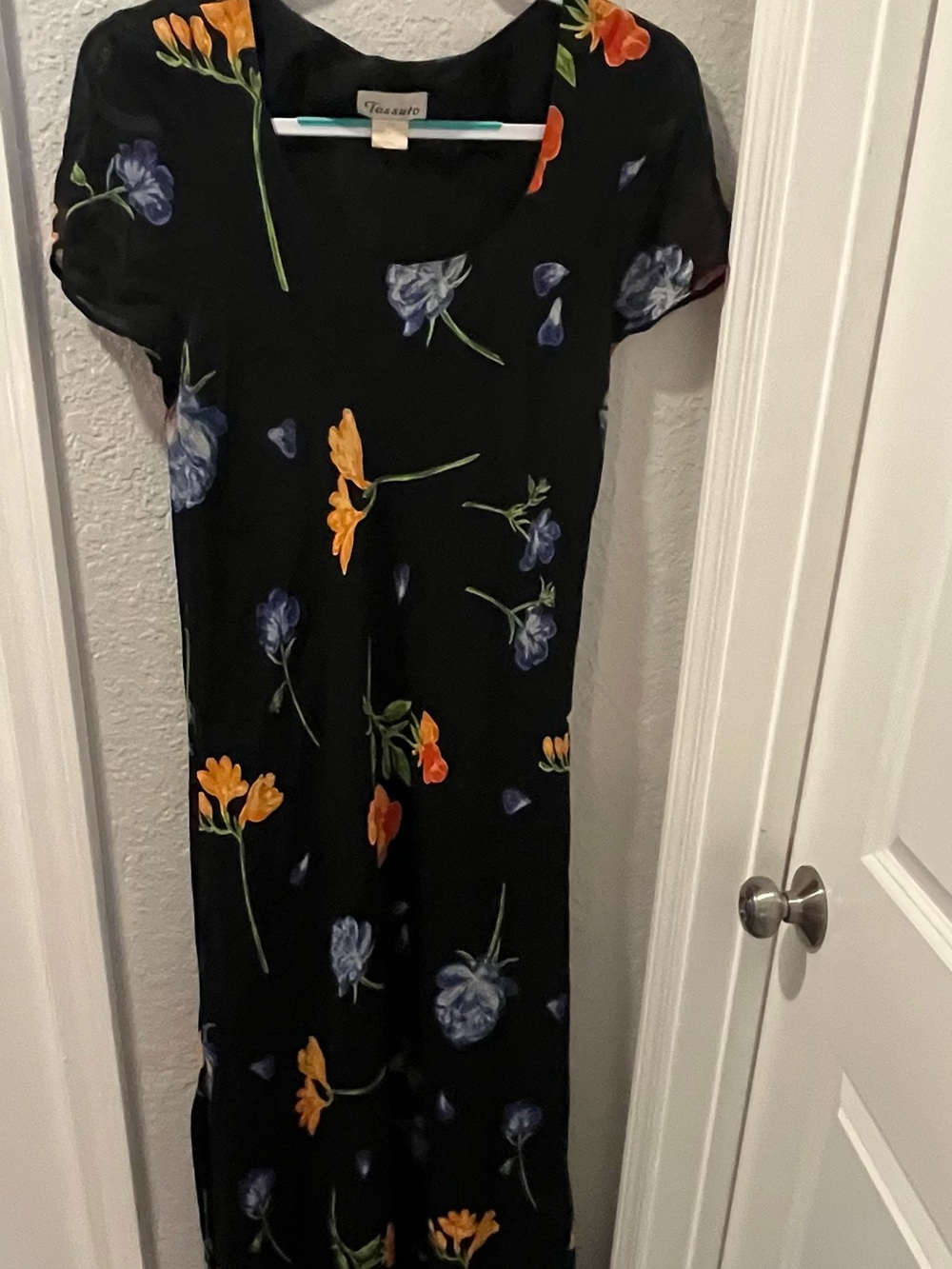 GORGEOUS Tea & Tees Black Floral Midi Dress with Orange & Blue Blooms